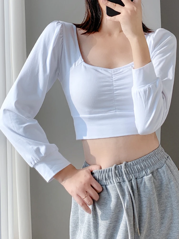 Crop Top T-Shirt Female Solid Cotton V-Neck Long Sleeve T-shirts for Women Slim Short Sport Femme Sexy T-Shirt White Black