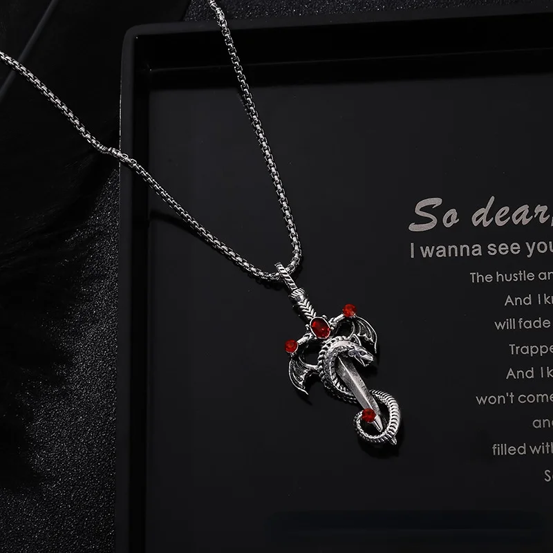 Personality Goth Punk Ajatar Cross Sword Pendant Necklace Dragon Chain Neck for Men Women Party Jewelry Accessories