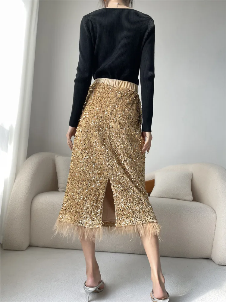 High Waist Feather Edge Sequin Skirt Women's Spring Summer New Elastic Stretch Rear Split Elegant Socialite Party Costume