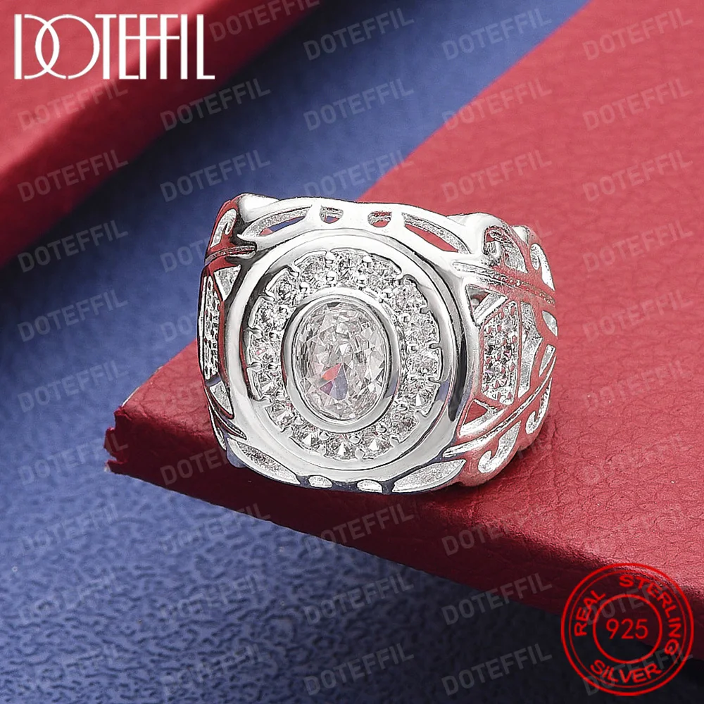 

925 Sterling Silver Round Big AAA Crystal Ring For Women Man Wedding Engagement Party Fashion Charm Jewelry