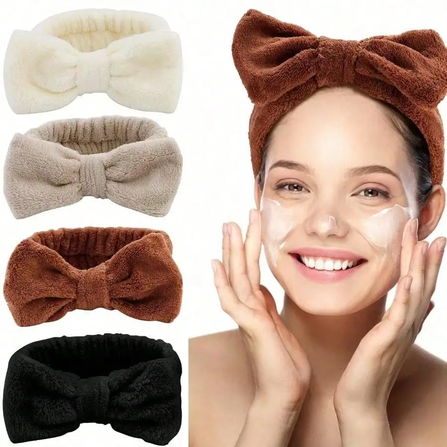 

4 Pack Soft Microfiber Bow Headbands For Women Spa Face Washing Makeup Yoga