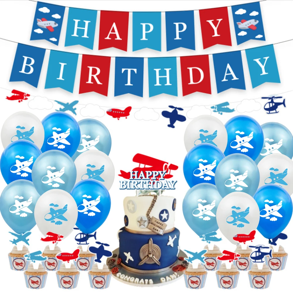 Airplane Party Disposable Tableware Plates Cups Foil Plane Balloon Set Boys Girls Kids Aviator Flight Party Toys Decors Supplies