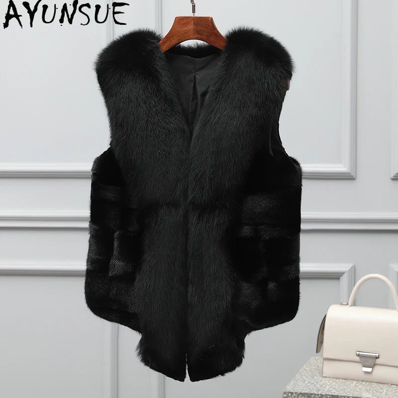 AYUNSUE abrigo de piel de zorro Mujer nueva llegada Chaleco de piel negra Ropa de Otoño Invierno Mujer 2025 Ropa de calle alta para Mujer Ropa de Mujer