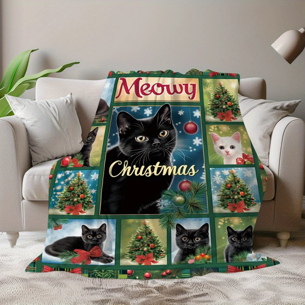 Cozy Christmas Cats Print Flannel Blanket Soft Warm Perfect for Holiday Gifting Ideal for Naps Camping, Travel Home Decor