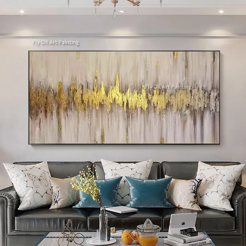 Abstraktes goldenes graues dickes Ölgemälde, handgemalt, große goldene Baumblätter, Leinwand, Wandkunst, Goldfolien-Kunstwerk für Wohnzimmer