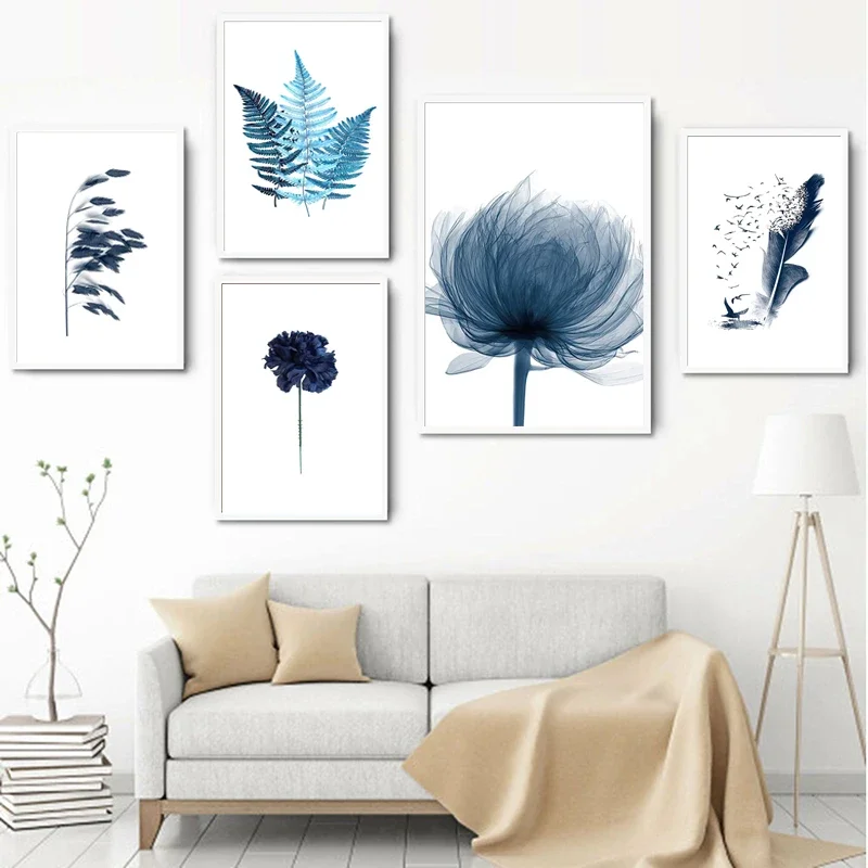 Affiche de feuilles botaniques bleues aquarelle, peinture sur toile de plantes à fleurs nordiques minimalistes, images d'art murales pour décor de salon
