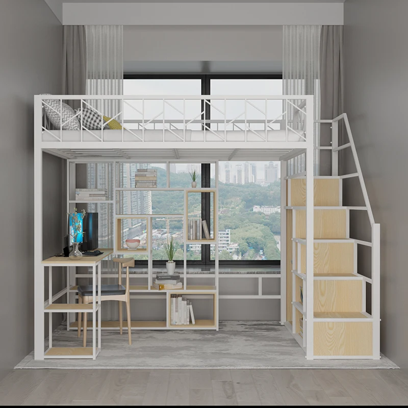 Duplex loft bed, small unit, elevated bed, floor space, multifunctional desk, integrated space saving, elevated bed