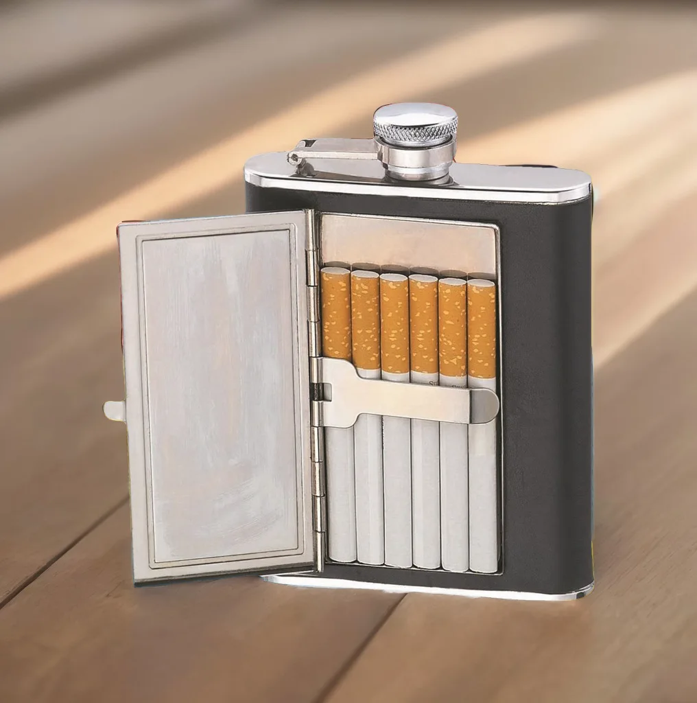 

Cigarette Case 2-In-1 6 Ounce Wine Flask with Funnel 6 Packs Cigarette Capacity Stainless Steel PU Leather Portable for Travel