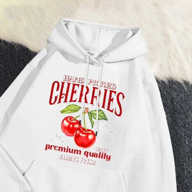 Casual Womans Hoodies Hand Picked Cherries Printing Sweatshirt Soft Breathable Loose Pocket Pullover Autumn Winter Streetwear