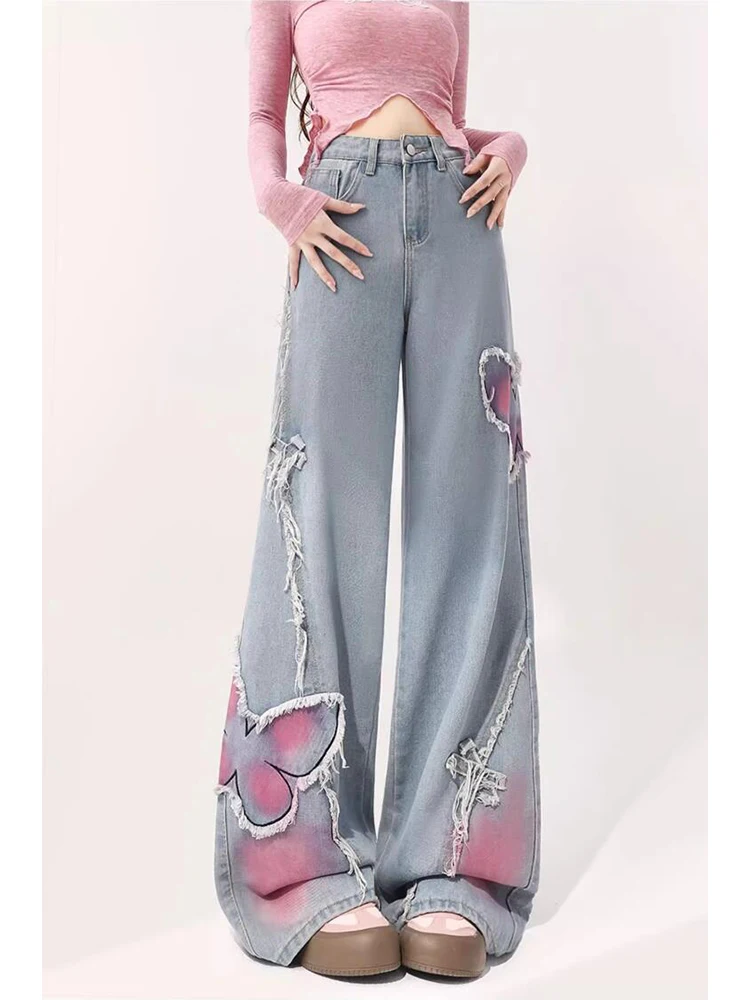 

Women Baggy Butterfly Jeans Harajuku Y2k Denim Trousers High Waist Cowboy Pants Vintage 90s Aesthetic 2000s Trashy Clothes 2024