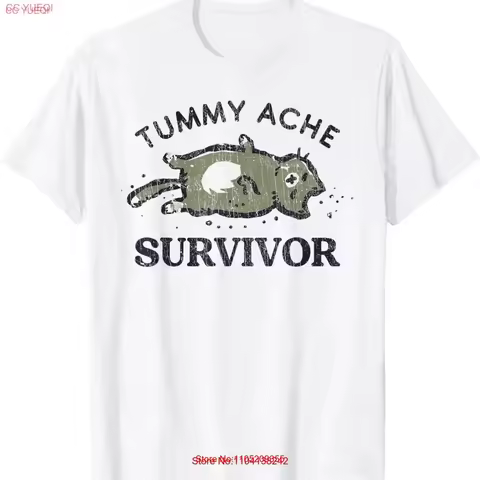Tummy Ache Survivor Funny Cat T Shirt vintage Washed Breathable streetwear fashion Casual homme Stretched graphic Stylish