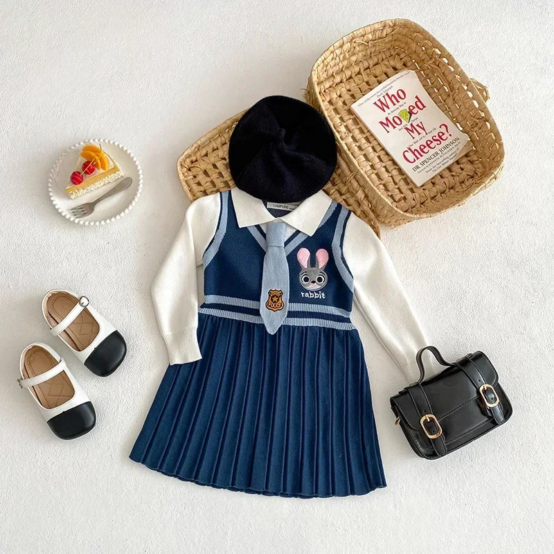 Kids Clothes Girl Dress Cute Zootopia Judy Hopps Knitted Dress Preppy Cartoon Rabbit Pleated Dress Baby Girls Party Dresses