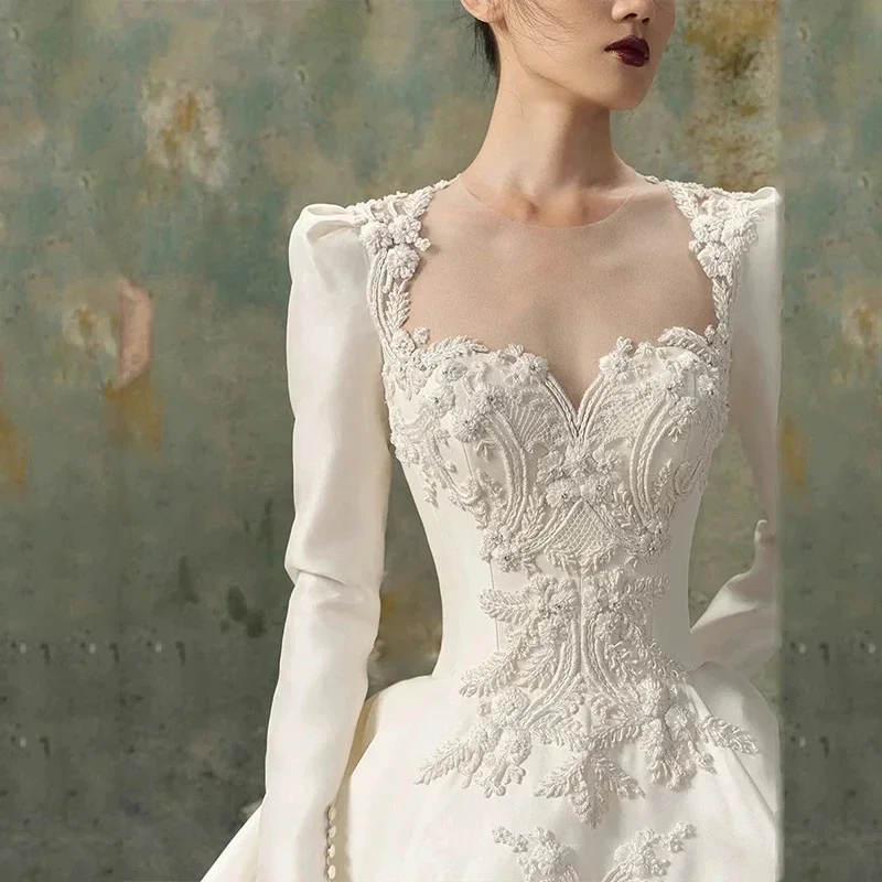 Robe de Mariée Française de Luxe en Satin, Tenue de Bal, de Soirée, de Cocktail, avec Appliques, pour Occasions Formelles, 2024