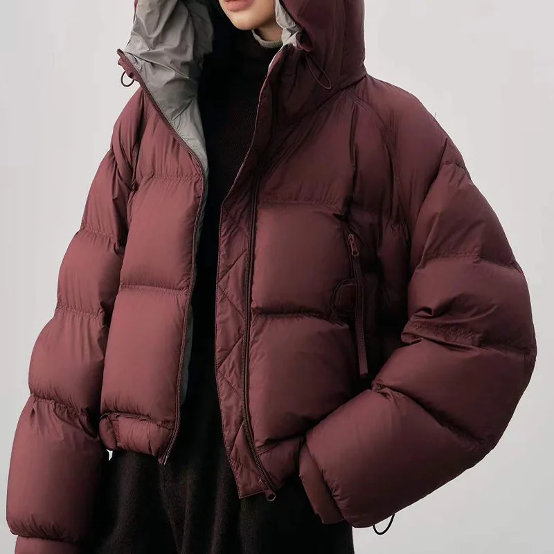 高品質レディースショートダウンジャケット無地90ダックダウンウエストルーズフード付きダウンコート女性用秋冬新作2025