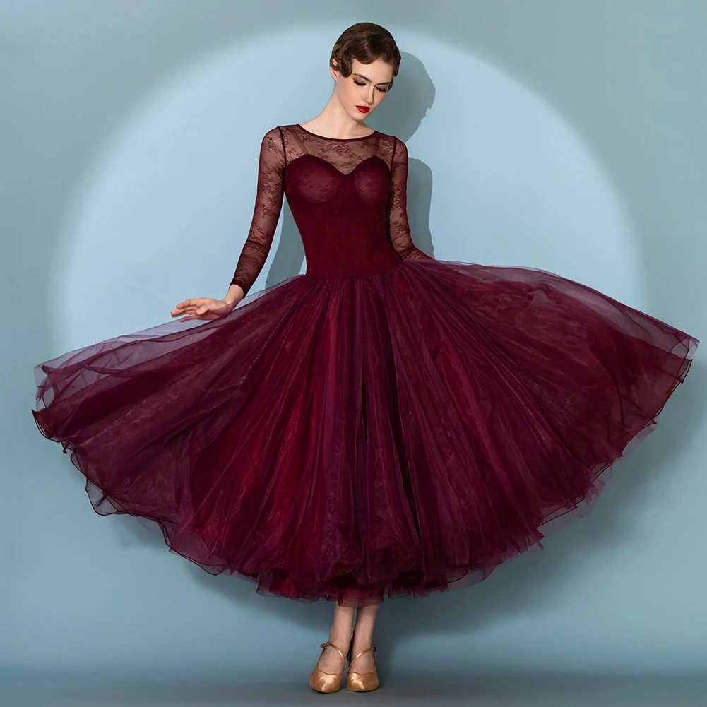Women Ballroom Dance Dress Lace Long Sleeves Mesh Tulle Big Swing Waltz Modern Standard Tango Competition Performance Gown