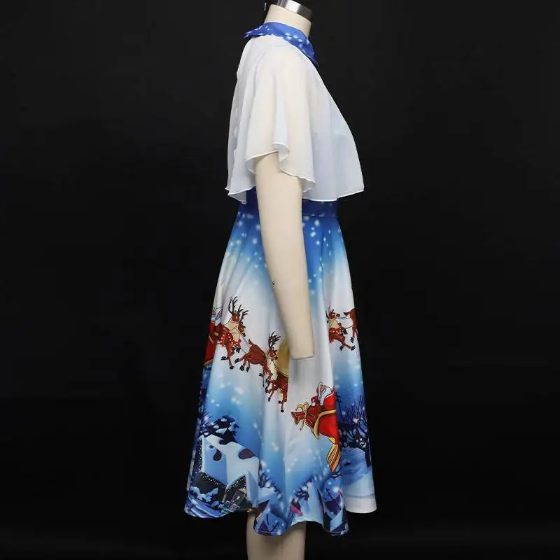 

Christmas Print Skirt Vintage Stand Collar Chiffon Dress Women's Fashion Ethnic Costume Stage Performance Clothing Winter 2011