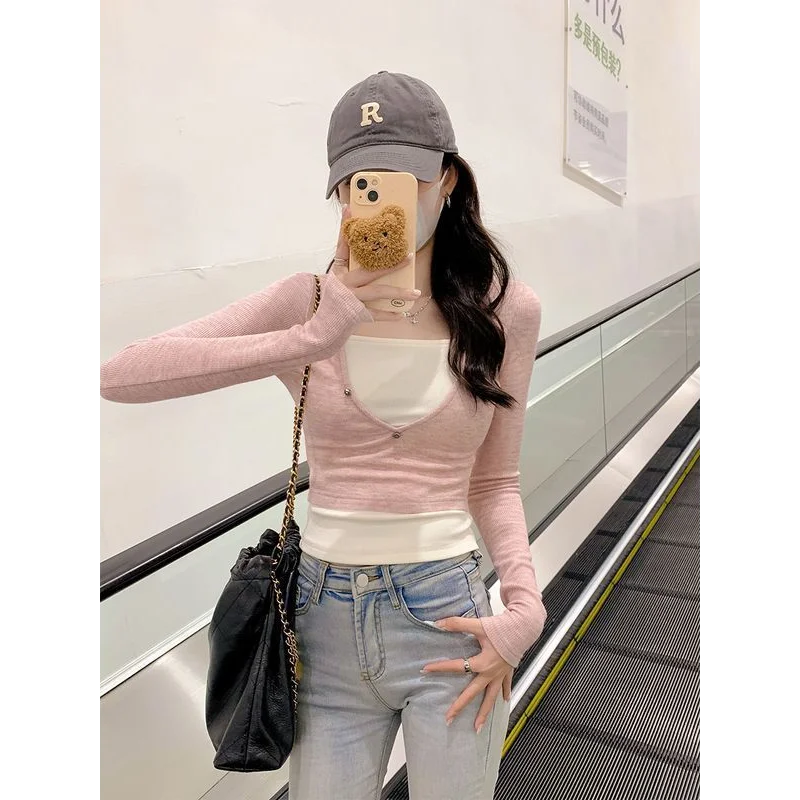 

Pure Desire Sweet Spicy Fake из двух частей с длинными рукавами, женский весенне-осенний новый облегающий внутренний топ с цветными блоками