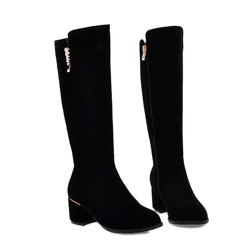 REAVE CAT Spring Autumn Knee High Boots Suede Round toe Rhinstone Female 2022 Chunky Heels Small Big 32-52 S2410