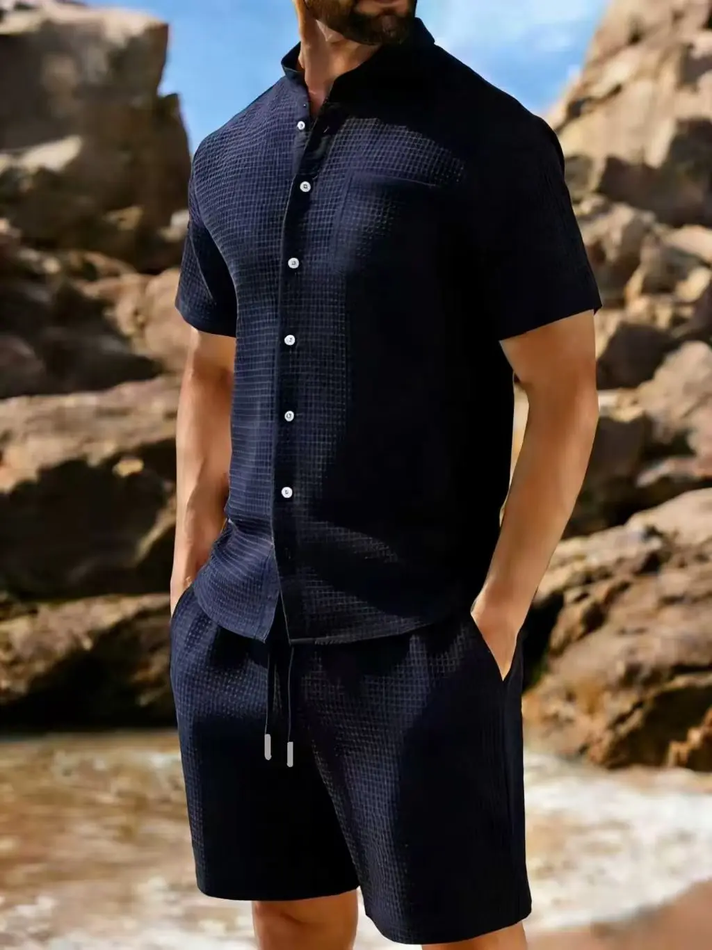2026 New Style Summer Men's Fashion Beach Suit Outdoor Sports Casual Shirt Solid Color Loose Short Sleeve Shorts Beach Two-piece