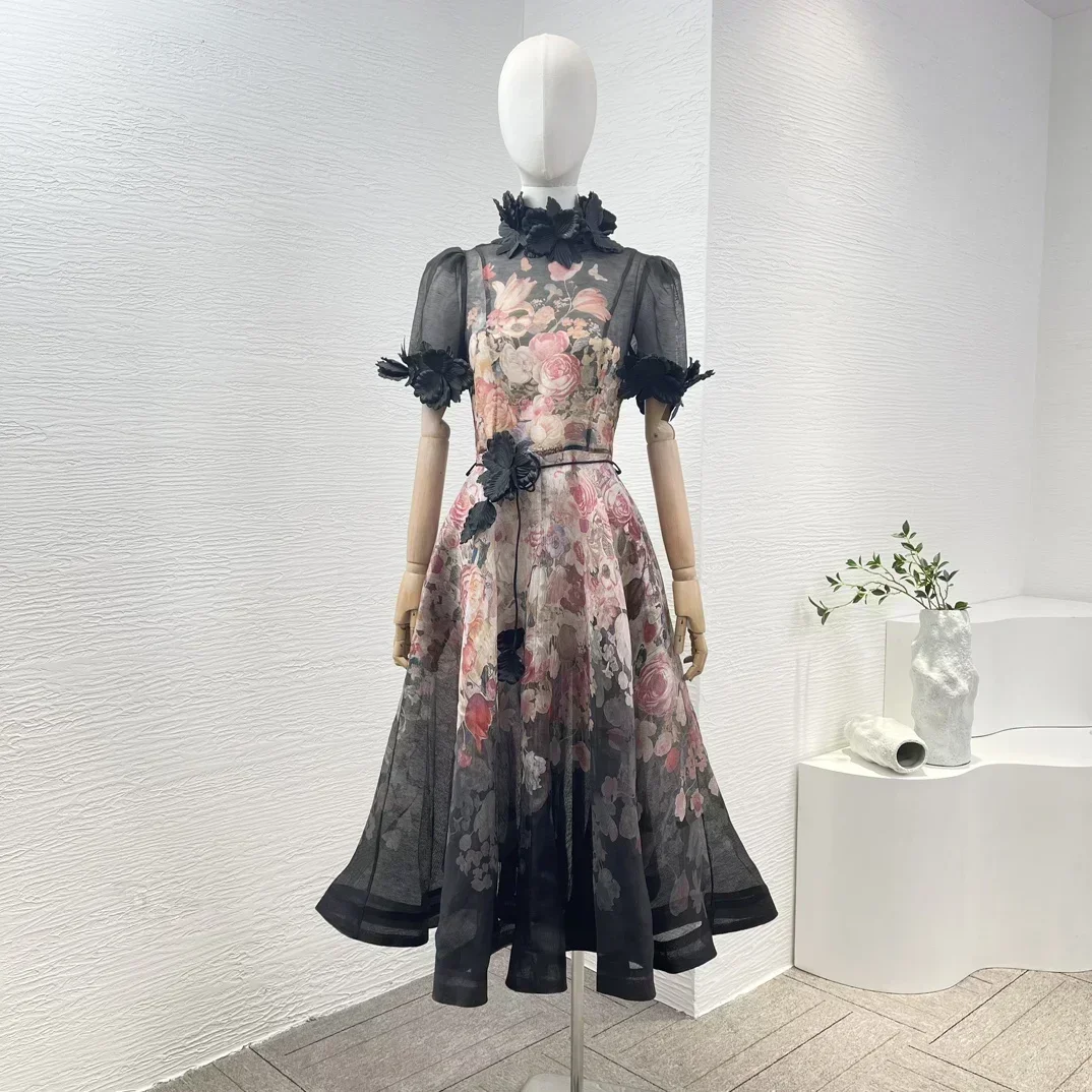 

New Silk Linen High Quality Floral Print Belted Three-dimensional Flower Decoration Vintage Women Beige Midi Dress for Holiday