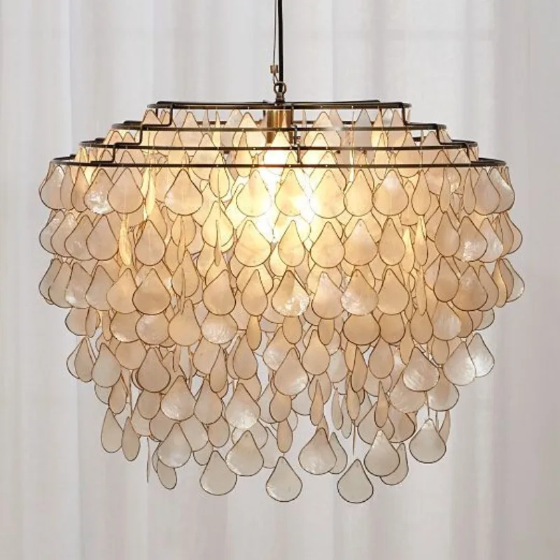 

French Creative Copper Edged Shell Lampshade Pendant Lamps Medieval Living Dining Room Bedroom LED Hanging Chandeliers Fixtures