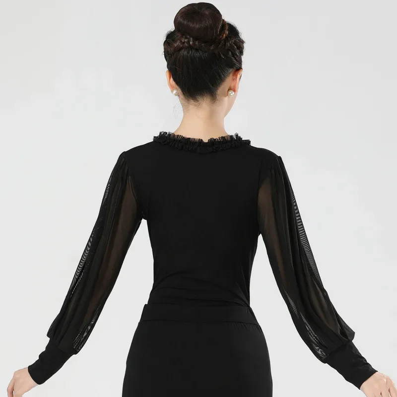 Abbigliamento da ballo da donna latino sexy top in rete maniche lunghe tuta da ballo sala da ballo valzer della pancia linea classica nuovi pantaloni con strass