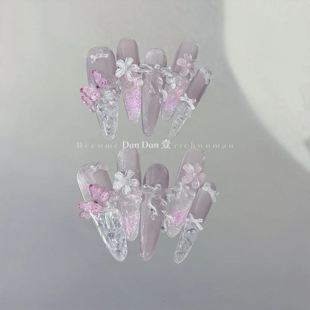 Sweet Princess French Shining Bowknot Flower Long Almond Nail Patch 3D Diamond Pearl Puppy Strawberry Fake Nail Party Stickers