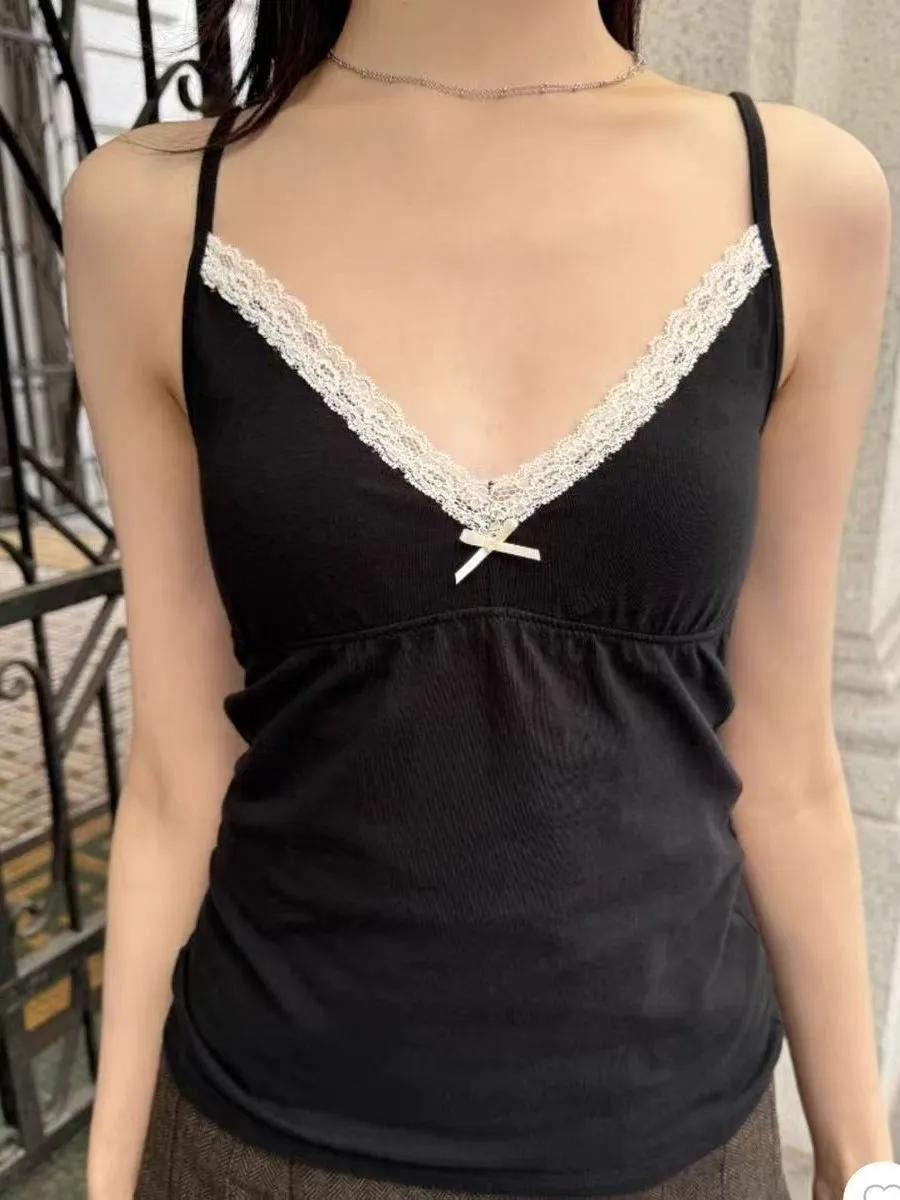 

Black Harajuku Folds V-neck Bow Black Tank Tops Women Lace Trim Cotton Sleeveless Slim Cropped Camisole Vintage Sweet Crop Top