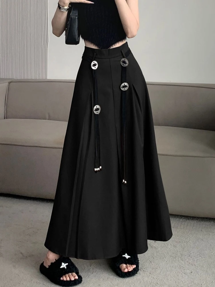 

Autumn Y2k High Waist Black Suit Skirt Women New Korean With Belt A-Line Large Hem Streetwear Freely Fashion Long Pleated Skirts