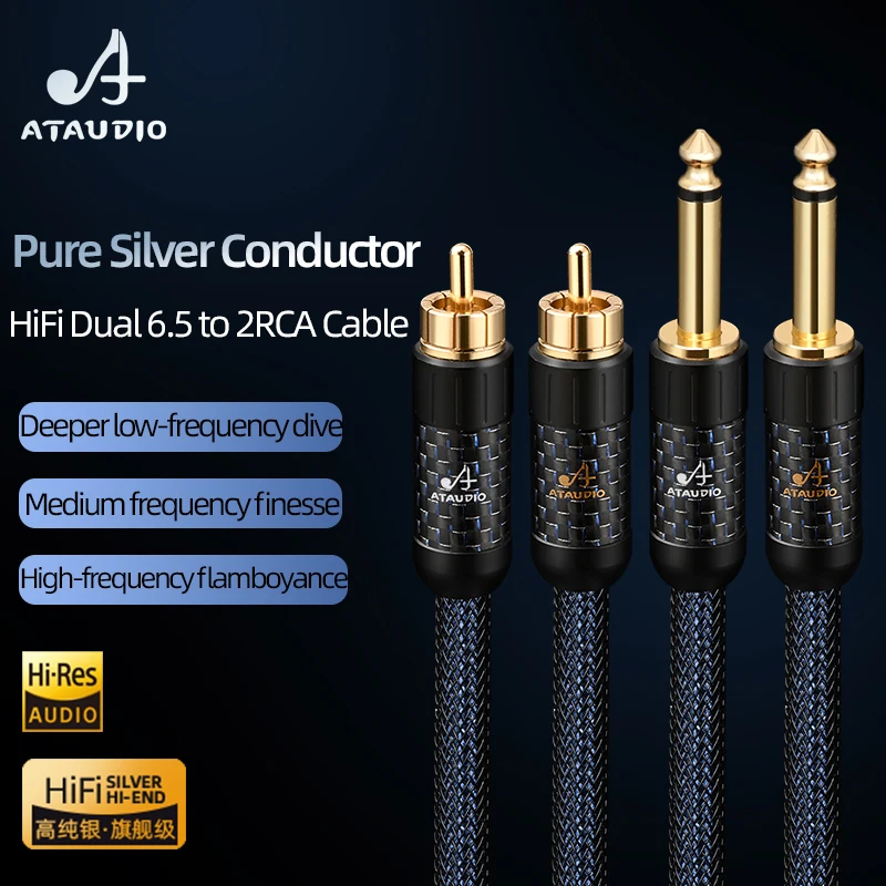 One Pair HiFi 6.5mm to RCA Audio Cable Hi-end Pure Silver Dual TS Mono 6.5mm to 2RCA Male Adapter Cable for Mixer Amplifier