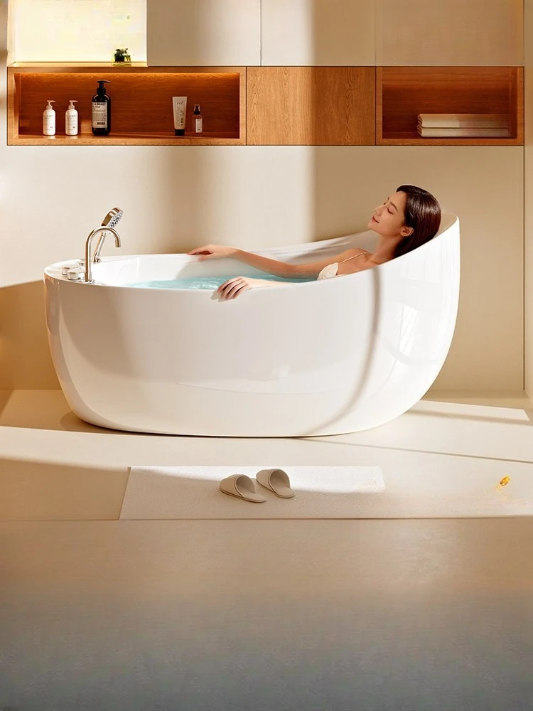 Acrylic Milk White Japanese Style Deep Soaking Oval Bathtub, Minimalist Freestanding Bath Tub for Small Spaces, 150cm Length