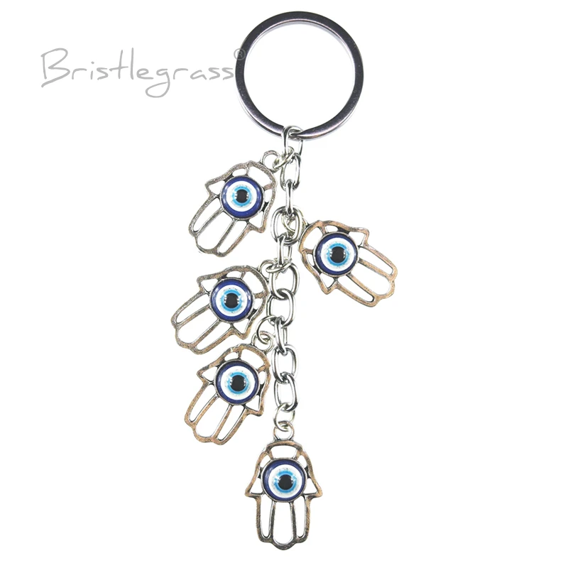 BRISTLEGRASS Turkish Blue Evil Eye Hamsa Hands Keychain Car Key Chain Ring Holder Amulet Pendant Lucky Charm Blessing Protection