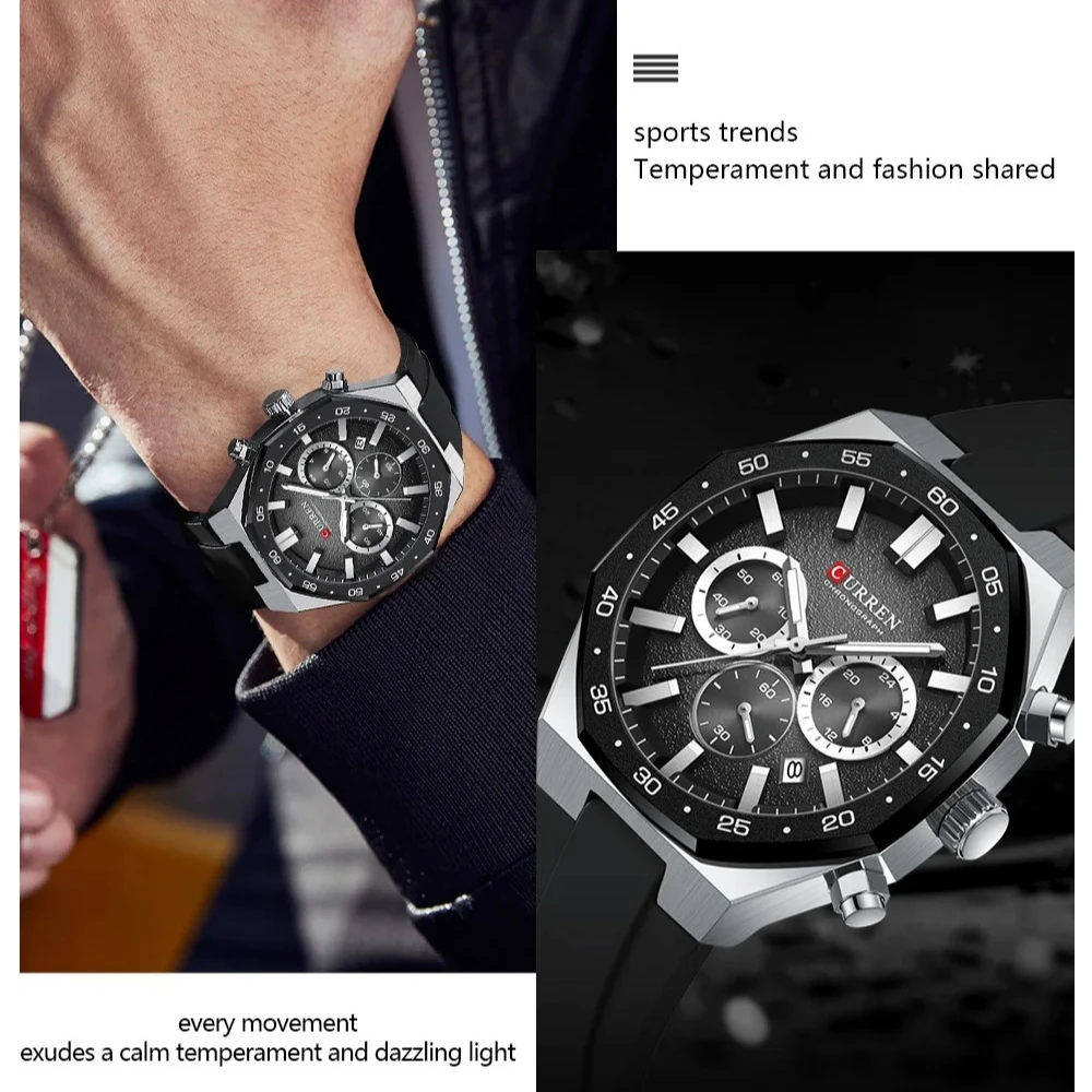 

Мужские часы CURREN 8489: Новые модные спортивные часы с хронографом, нерегулярным циферблатом и силиконовым ремешком, с функцией отображения даты.