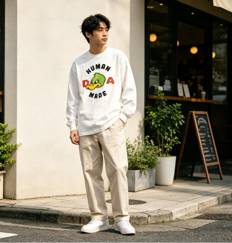 2026 New Human Made Duck Print Crewneck Long Sleeve T Shirt Couple Cotton Top