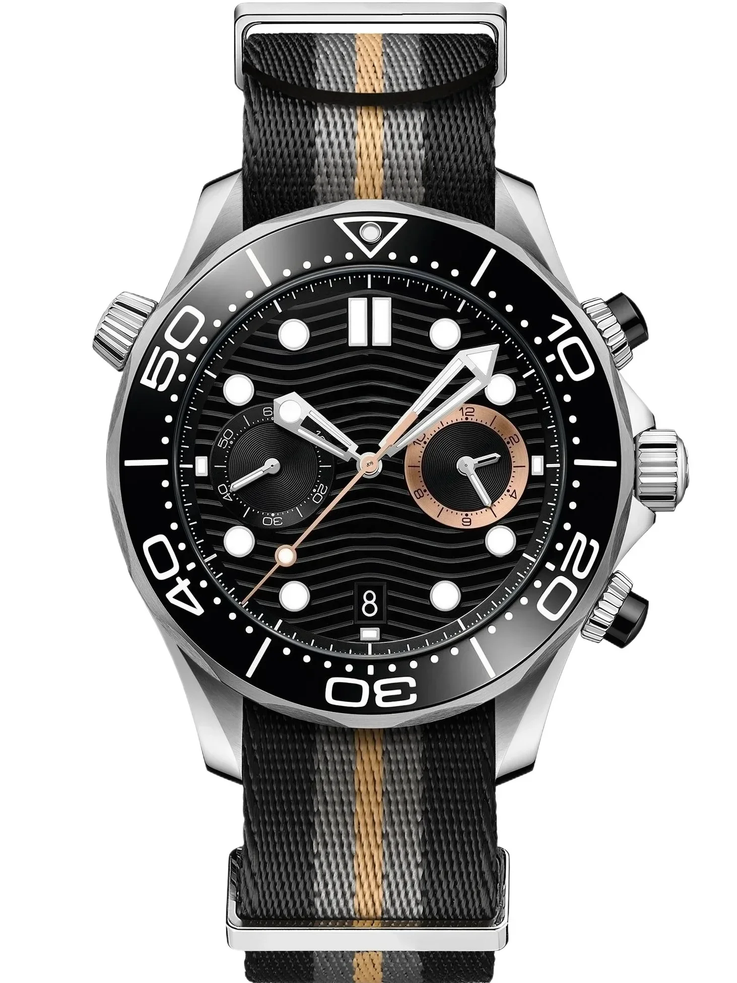 Sport Casual Mens Mechanical Watches 44mm Big Black Ceramic Bezel Polished Steel Build Automatic Movement Sturdy Canvas Strap