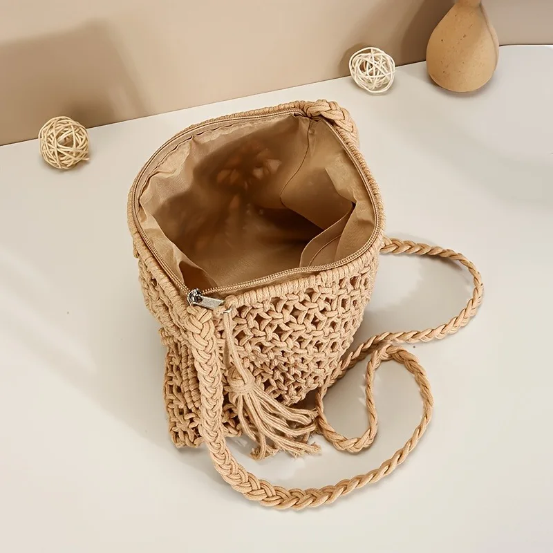 Handmade Bohemian Woven Rope Crossbody Bag with Tassel Detail, Summer Beach Clutch Shoulder Bags for Women, Geometric Design view 4