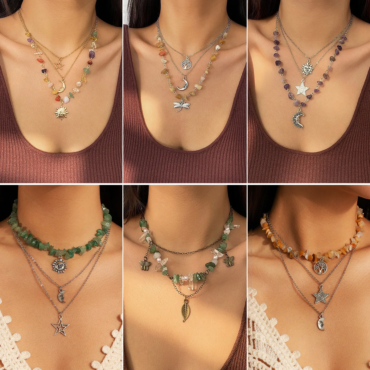 

New Chinese Style Retro Moon Zircon Butterfly Leaves Star Necklace for Women Fashion Customized Jewelry Minimalist Accessories