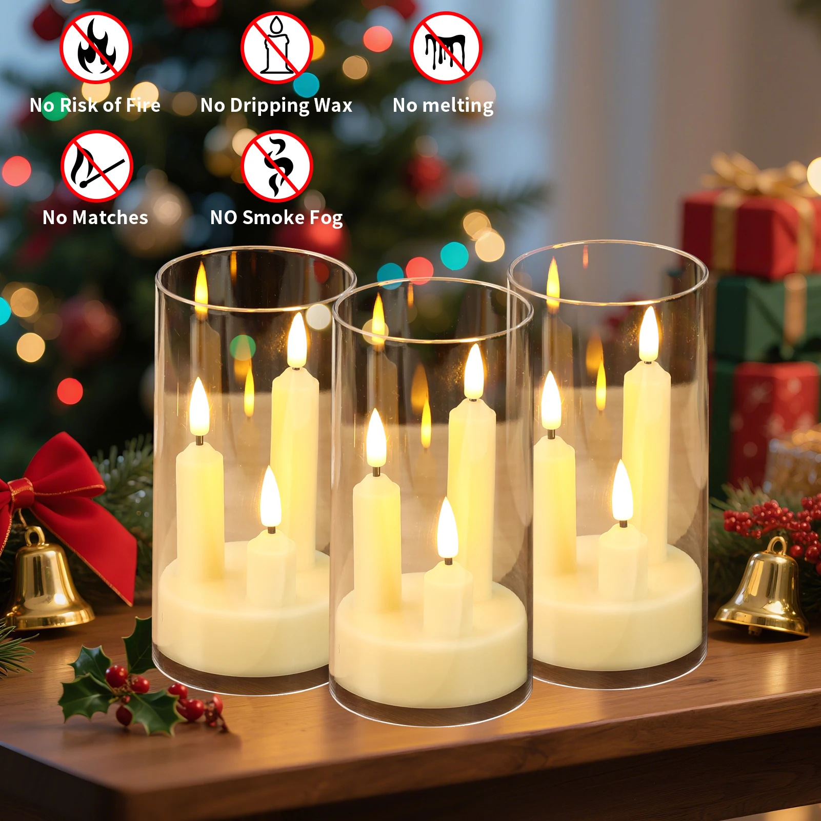 Flameless  Acrylic Short 3 in 1 Taper Candles Warm Light Flickering Flameless Pillar LED Electronic Tealight Battery Operated Realistic Home Decor