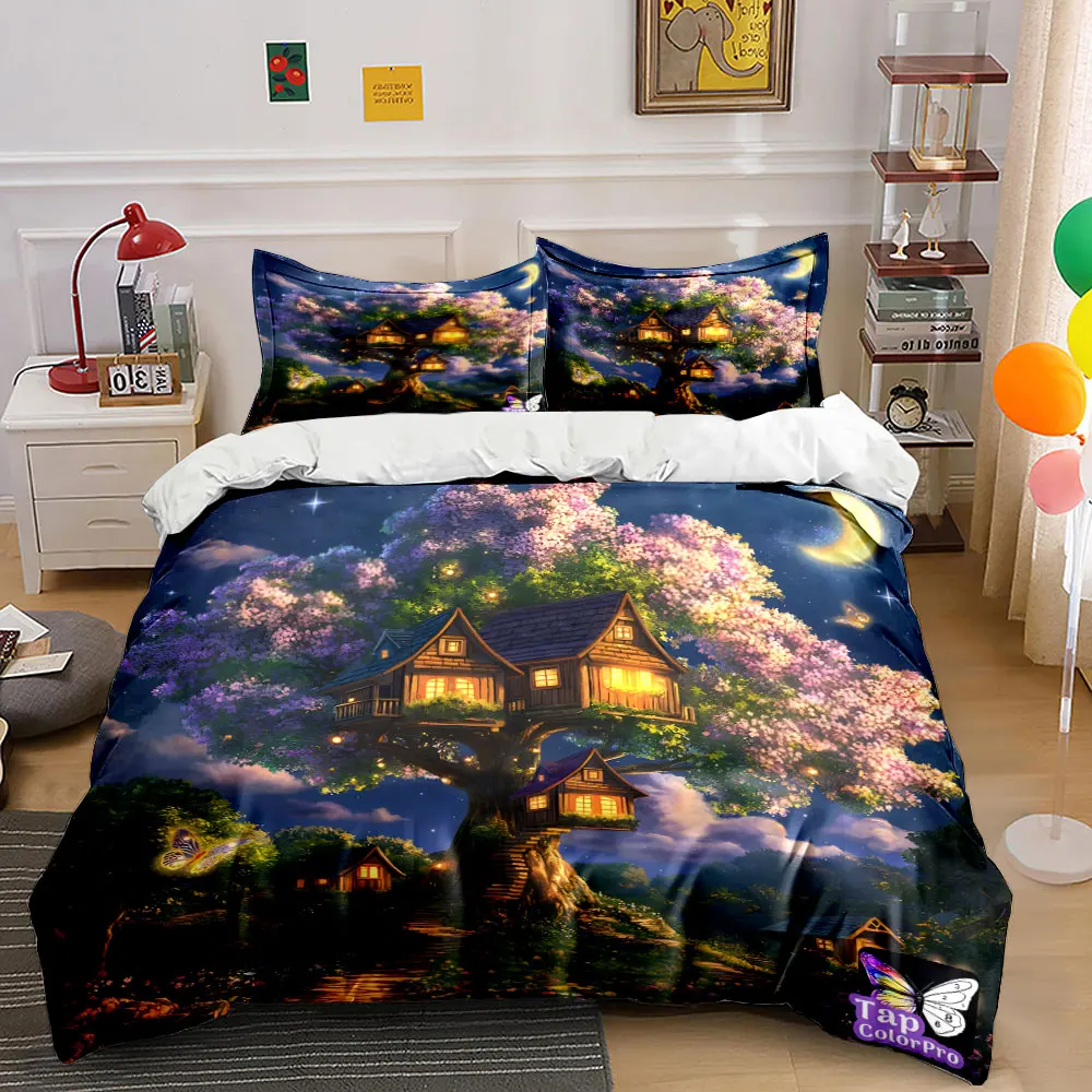 

"Magical Treehouse Night Retreat" kid's and adults' bedroom decor, Exquisite three-piece bedding set gift