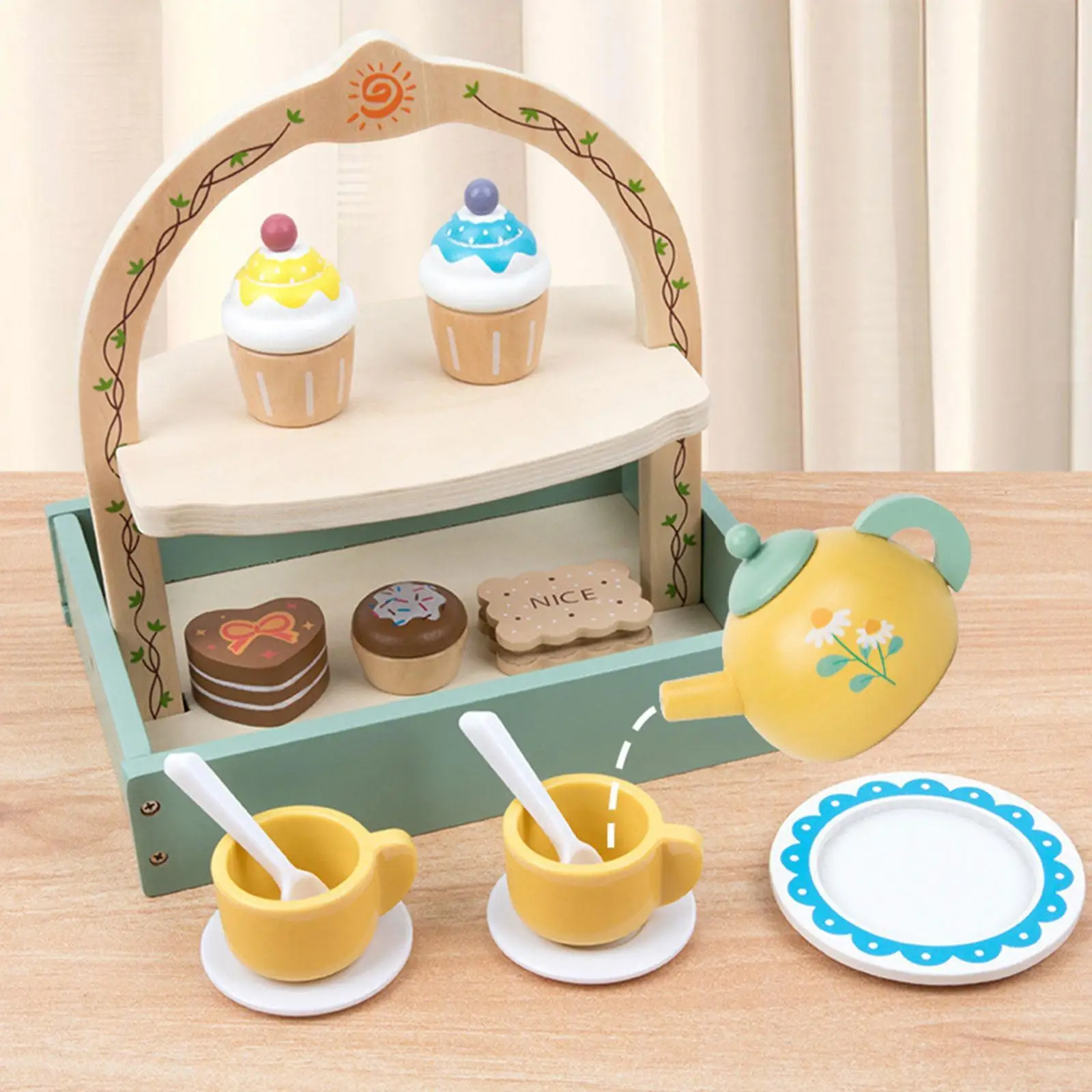 Houten theekransje met voedsel dessert keuken speelgoed draagbaar houten speelgoed voor leeftijd 3-6 meisjes jongens kinderen kinderen verjaardagscadeau