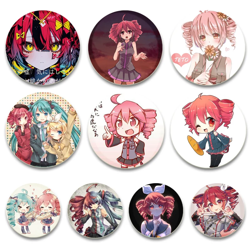 Round Anime Enamel Pins Kasane Teto Cute Anime Girl Brooches UTAU Virtual Singer Badge on Backpack Jewelry Accessories Gifts