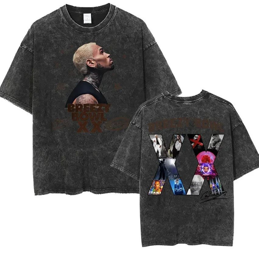 Customization Hot Sale Chris Brown Breezy Bowl XX 2025 Tour Vintage Washed T-shirts Men Women Hip Ho Ppunk T Shirts Casual Overs
