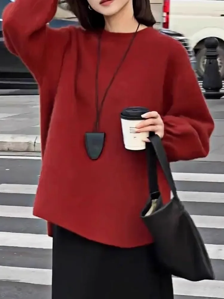 

Faionable Pure Color Wool Knitted Long Sve Loose Korean Sle Top Youthful Casual Vintage Sweater Sli Knitwear