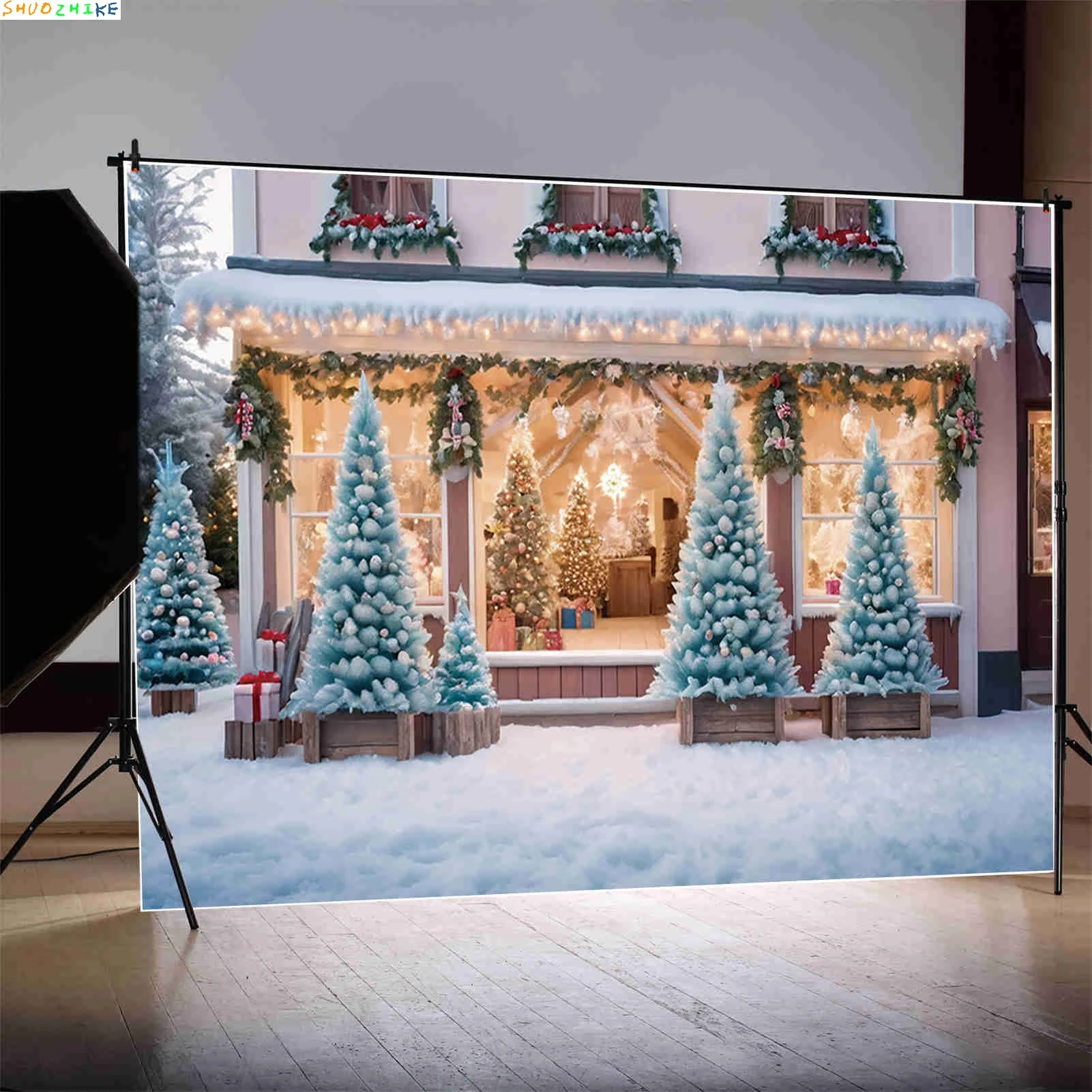 2025 هدايا عيد الميلاد متجر التصوير خلفية الأطفال أشجار عيد الميلاد الديكور صور الخلفيات الشتاء الثلوج الخلفية قطرة