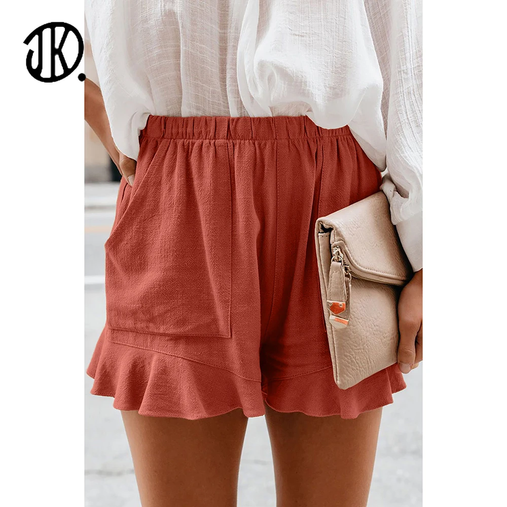 

Summer Casual Shorts Pure Color Wide Leg Short Lacework Elastic Band Pants For Female Fashion Mujer Straight Shorts