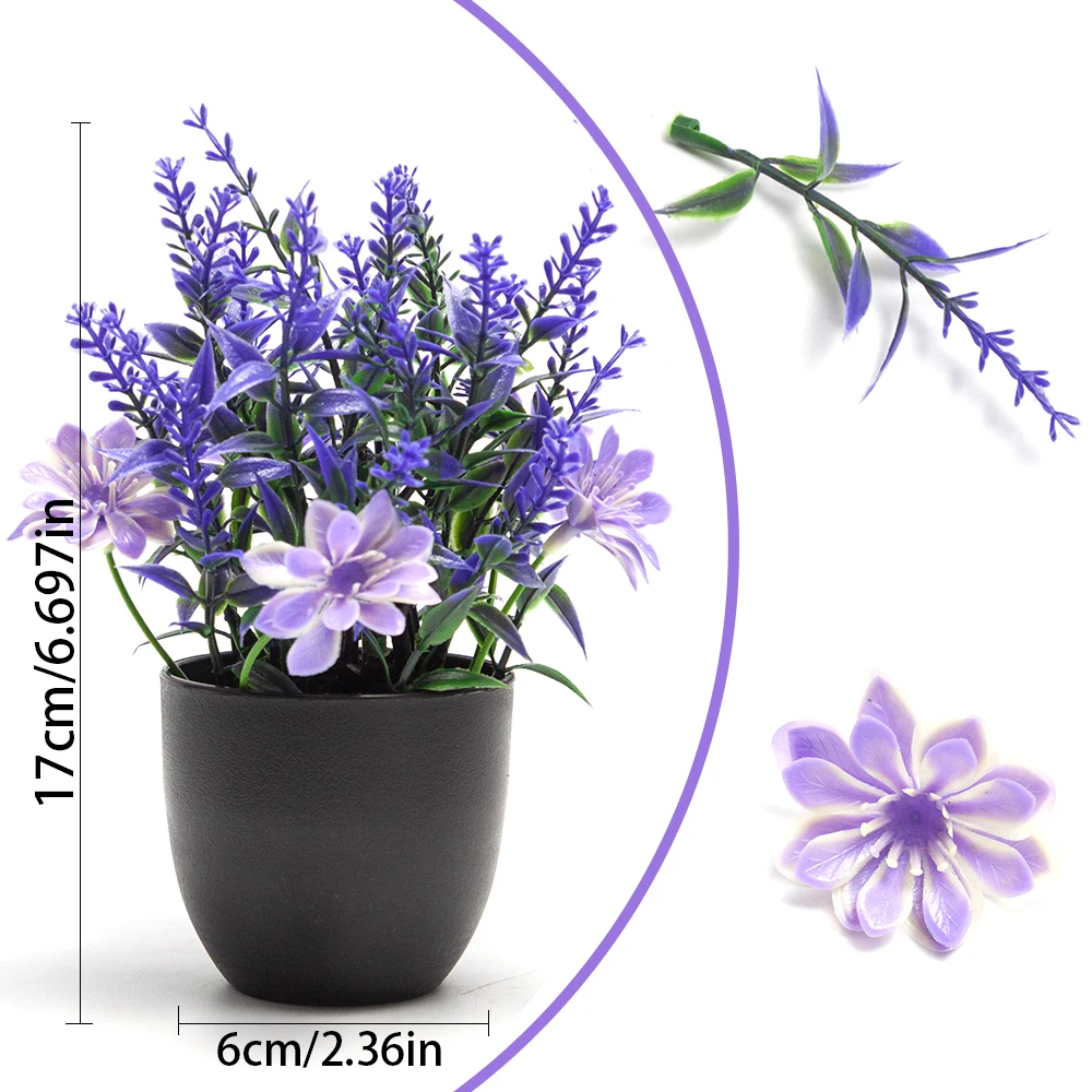 2 Stück Künstliche Lavendelpflanzen im Topf, Mini Plastik-Gänseblümchen, Künstliche Blumen-Bonsai für Innenräume, Schreibtisch, Schlafzimmer, Regal, Büro, Heimdekoration – Detail 7