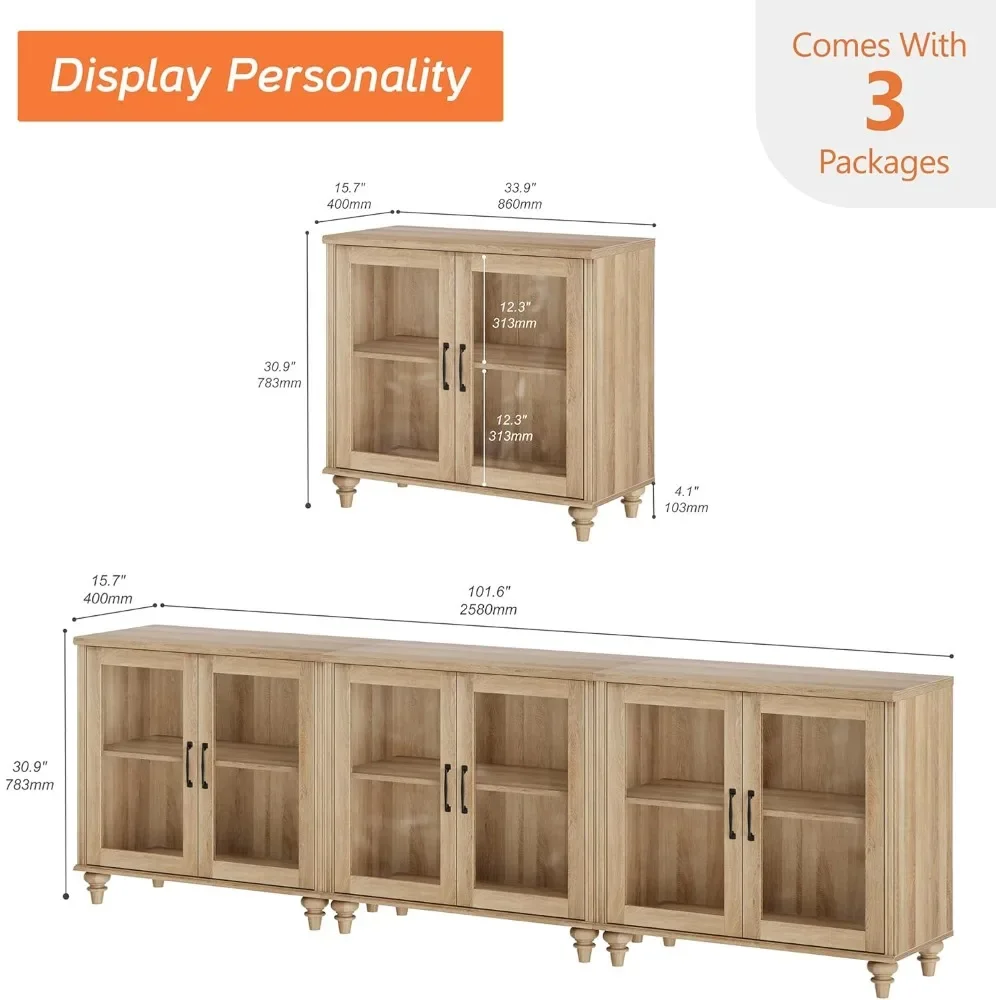 Kitchen Pantry Cabinet with 6 Glass Doors Coffee Bar Tables with Adjustable Shelf Kitchen Storage Cabinets Set of 3