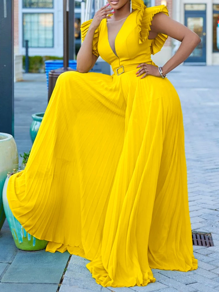 Women Wide Leg Jumpsuits Pleated High Waist V Neck Ruffles African Female One Piece Rompers Elegant Summer Fashion Yellow 2023