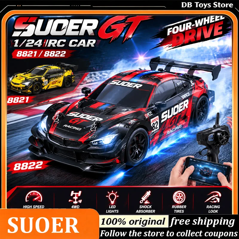 SUOER GT1/24 RC Car 4WD High Speed Drift Racing Car Variable Speed Full Proportional Remote Control Car With LED Light Hobbygift