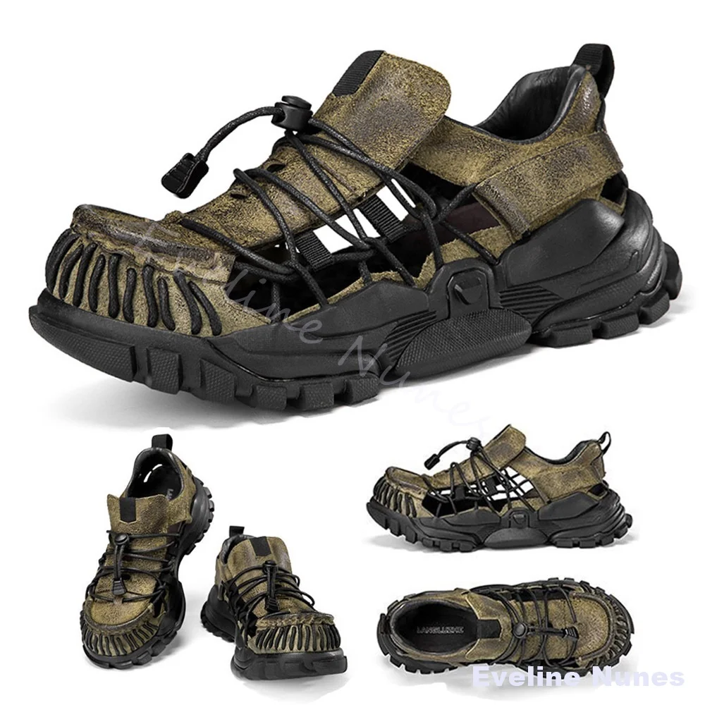 Men Distressed Leather Hollow Outdoor Beach Sandals Hand Woven Toe Cap Gothic Wasteland Punk Outdoor Non-slip Hiking Sandals